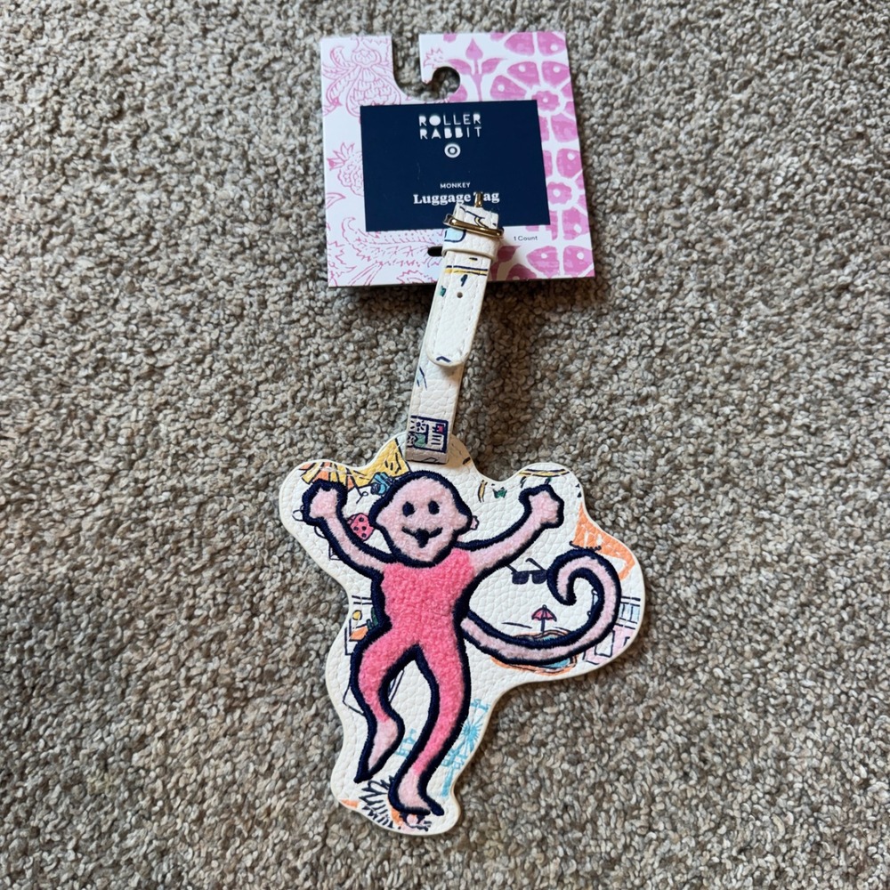 Roller Rabbit x Target Monkey Luggage Tag Pink White Travel Accessory NWT